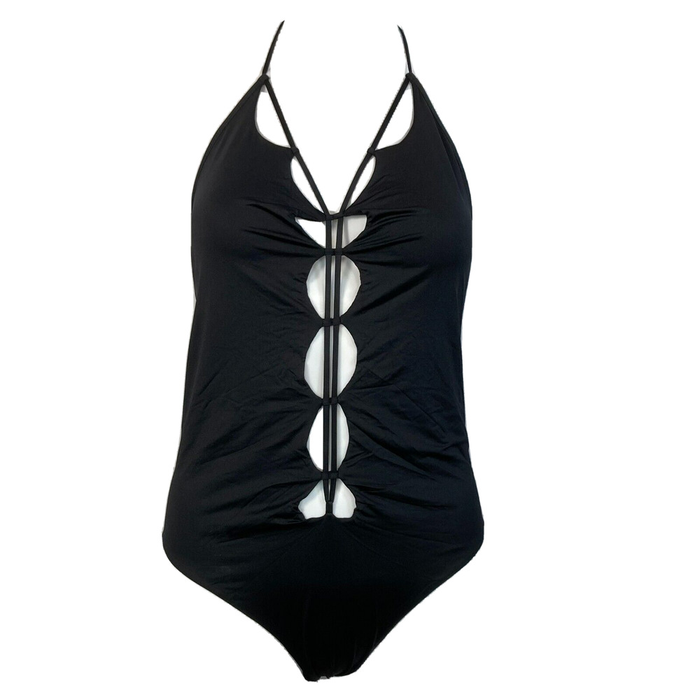 NWT Monica Hansen‎ Swimsuit Womens Sz L Black Lace Up One Piece Halter